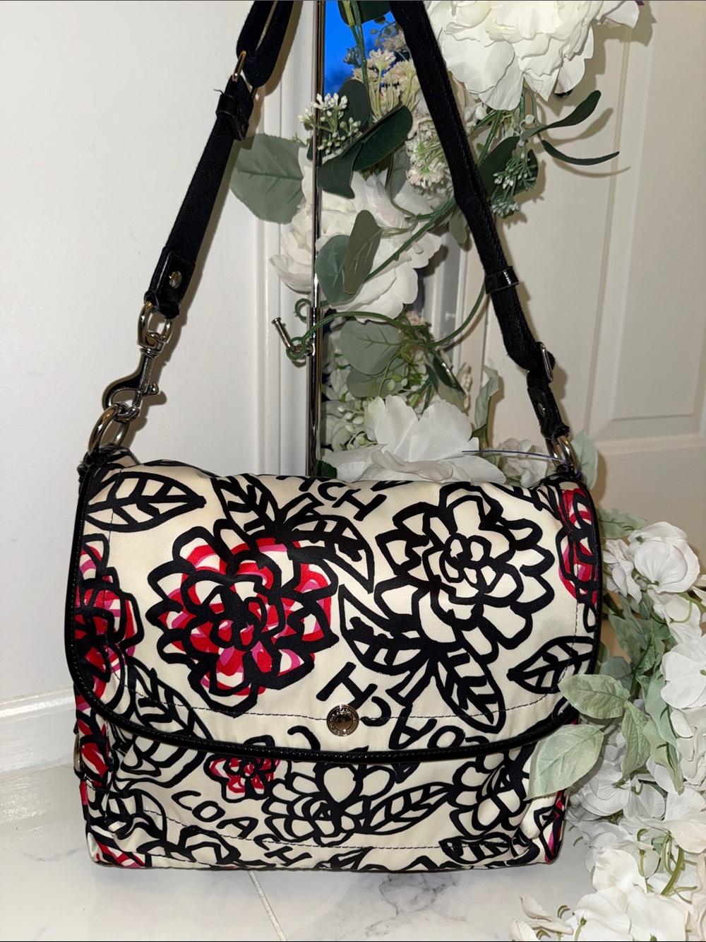 Coach Cream Canvas Floral Shoulder Bag with Black & Red Accents